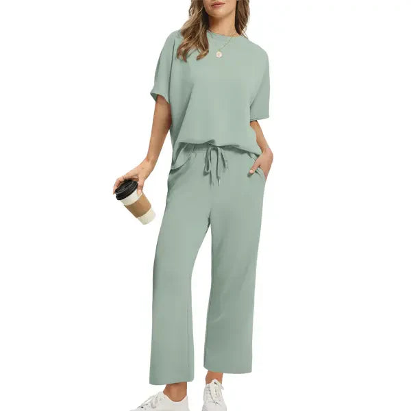 Two Piece Sets for Women Summer Outfits Oversized Wide Leg Crop Pants Lounge Sets Airport Beach Vacation Clothes