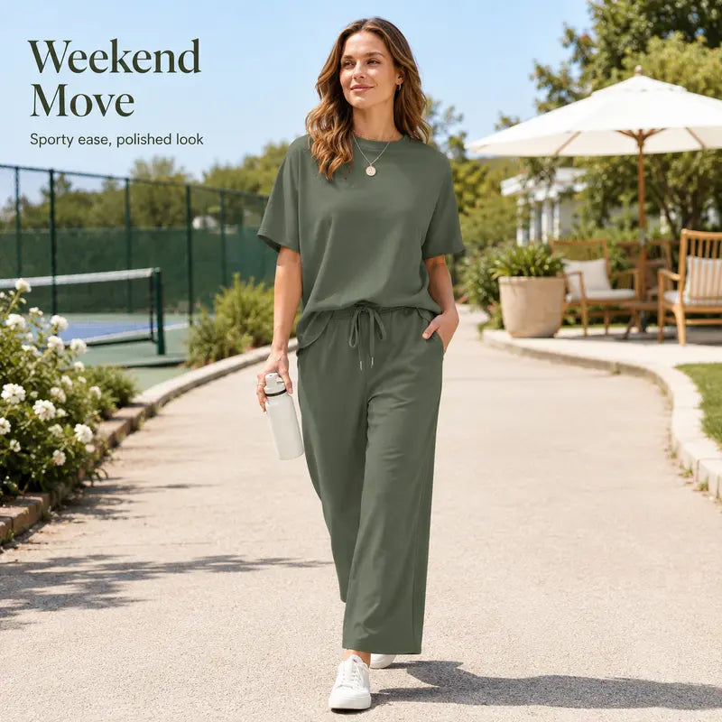 Two Piece Sets for Women Summer Outfits Oversized Wide Leg Crop Pants Lounge Sets Airport Beach Vacation Clothes