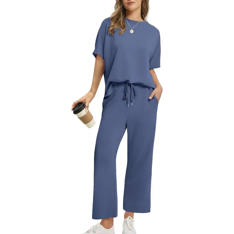 Two Piece Sets for Women Summer Outfits Oversized Wide Leg Crop Pants Lounge Sets Airport Beach Vacation Clothes