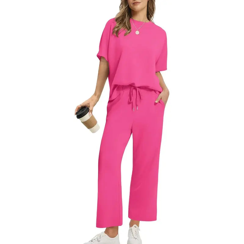 Two Piece Sets for Women Summer Outfits Oversized Wide Leg Crop Pants Lounge Sets Airport Beach Vacation Clothes