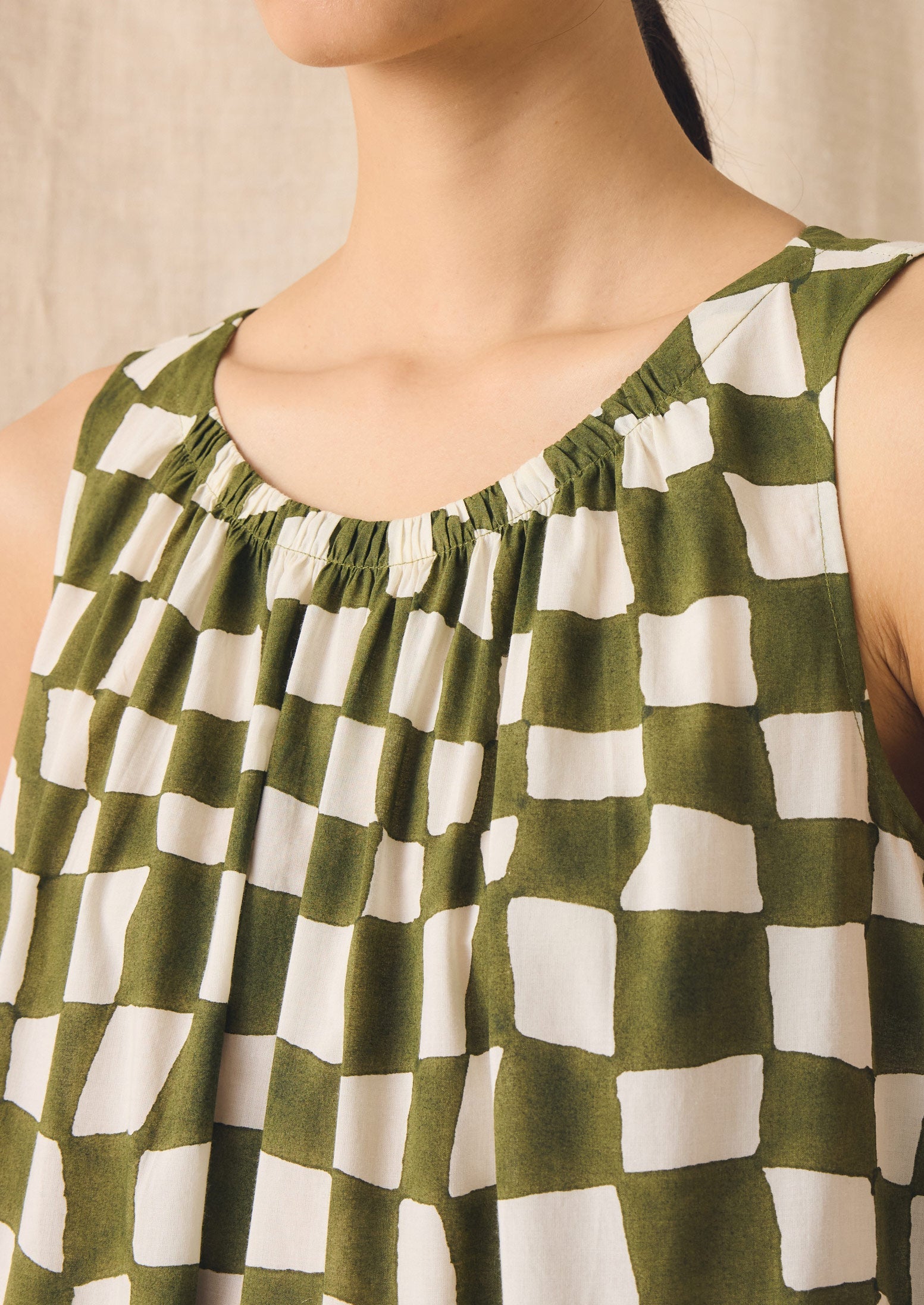 Block Print Warp Check Sleeveless Dress | Olive