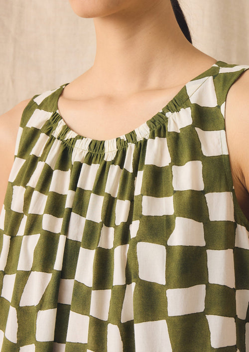 Block Print Warp Check Sleeveless Dress | Olive