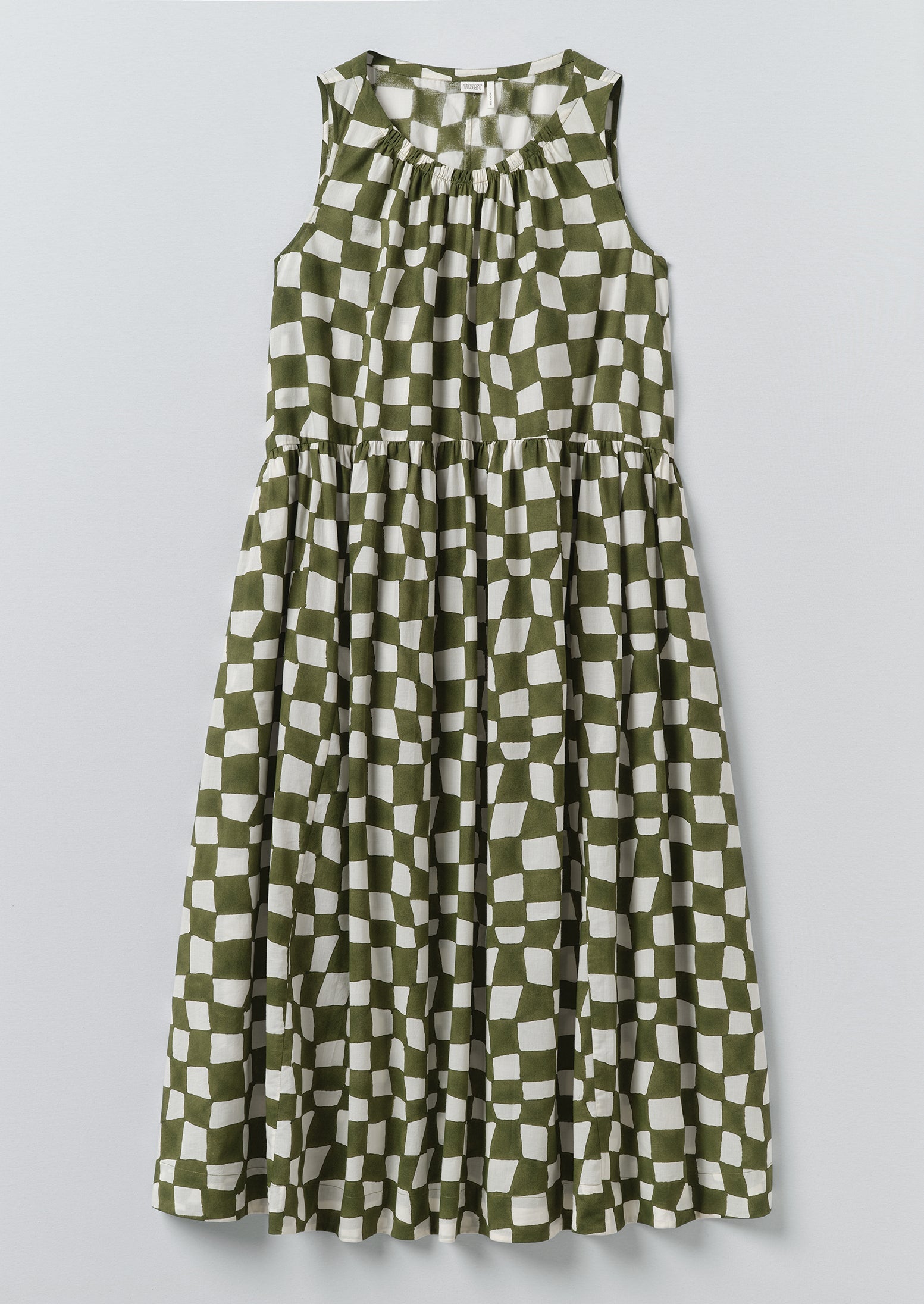 Block Print Warp Check Sleeveless Dress | Olive