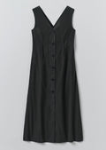 V Neck Cotton Linen Poplin Dress | Washed Black