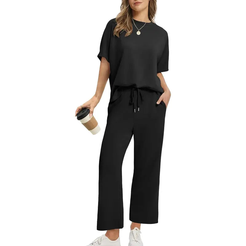 Two Piece Sets for Women Summer Outfits Oversized Wide Leg Crop Pants Lounge Sets Airport Beach Vacation Clothes